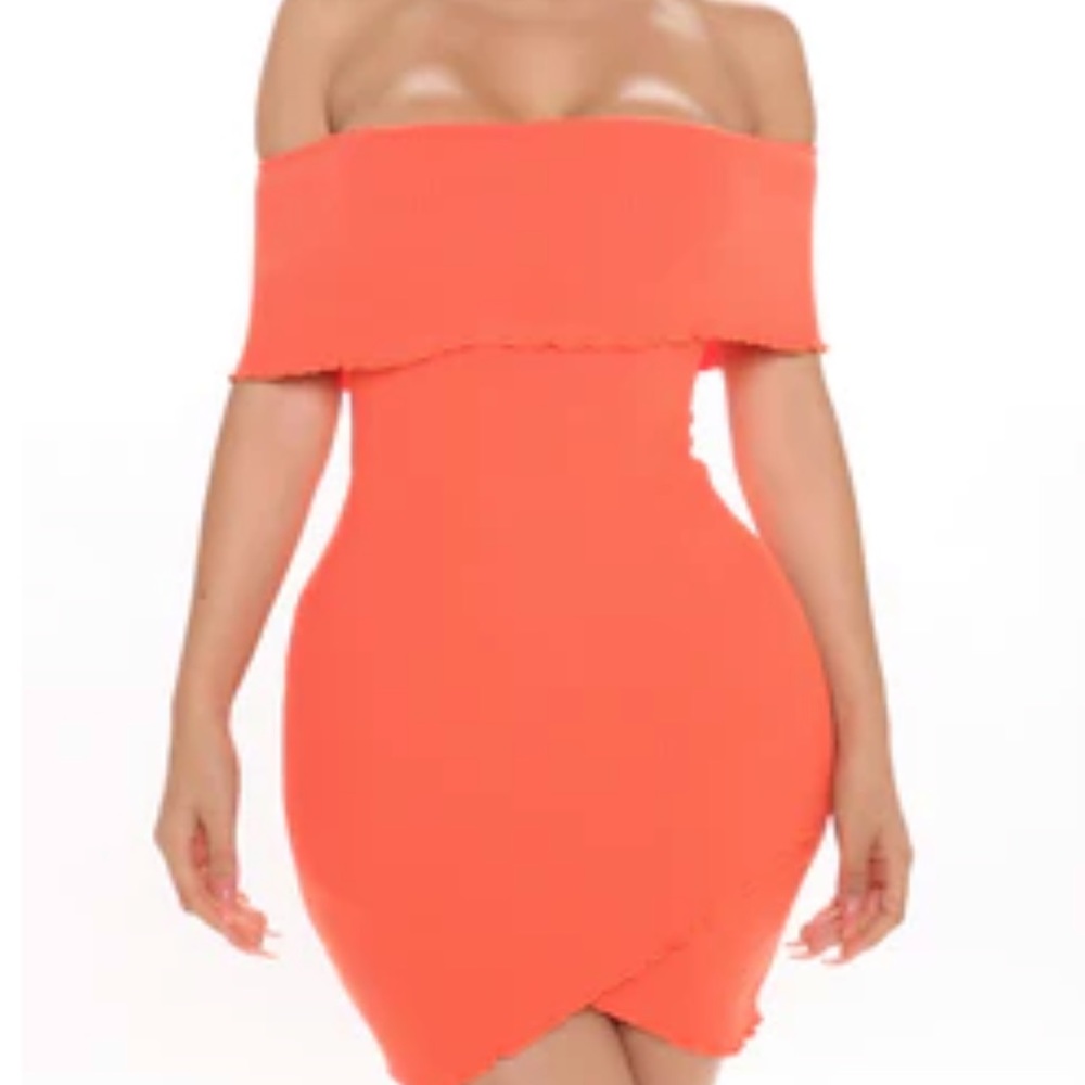 orange off shoulder body con midi dress